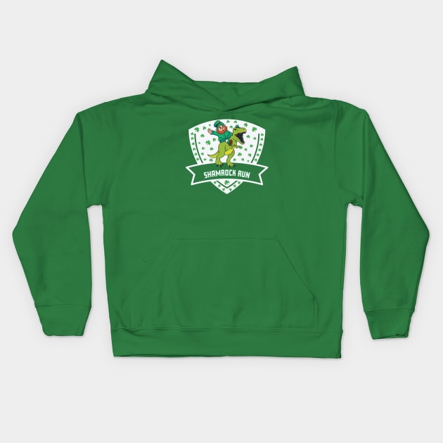 Shamrock Run Leprechaun Dinosaur Funny Kids Hoodie by Rosemarie Guieb Designs